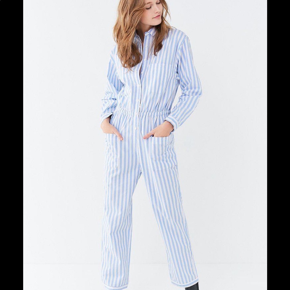 UO Blue Jacey Striped Utility Jumpsuit